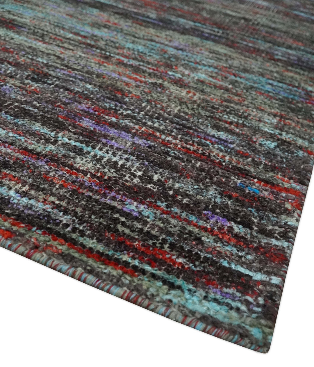 Modern Abstract Vibrant Colorful Maroon, Violet, Blue and Charcoal Hand knotted Flat Woven 8x11.6 wool Area Rug - The Rug Decor
