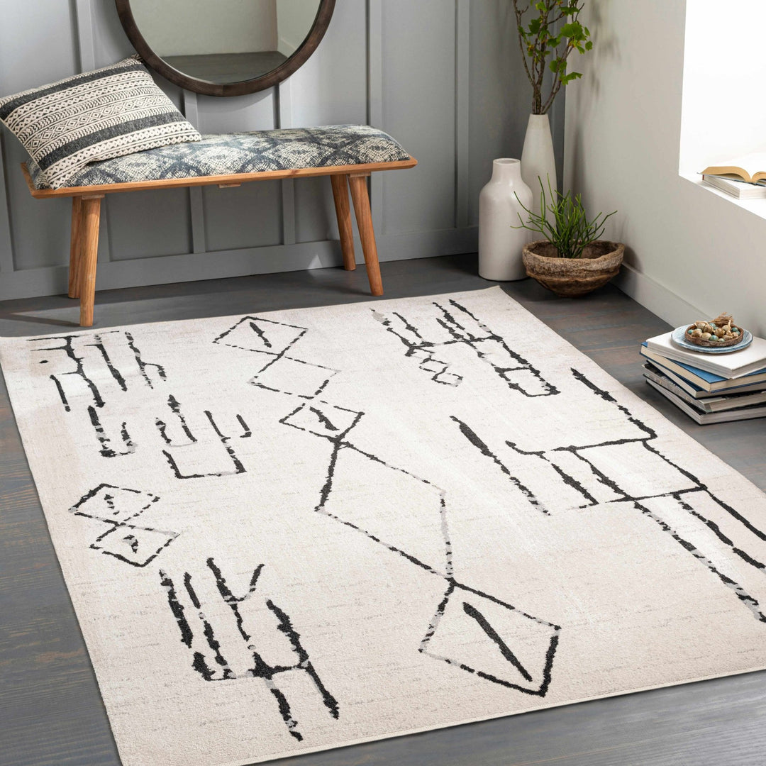 Modern Art Design Machine Woven Ivory and Black Machine Washable Rug - The Rug Decor