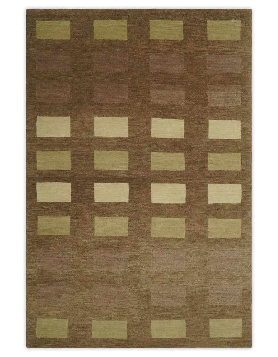 Modern Brown, Beige and Olive Geometrical Pattern Handloom 4x5.6 woo Area Rug - The Rug Decor