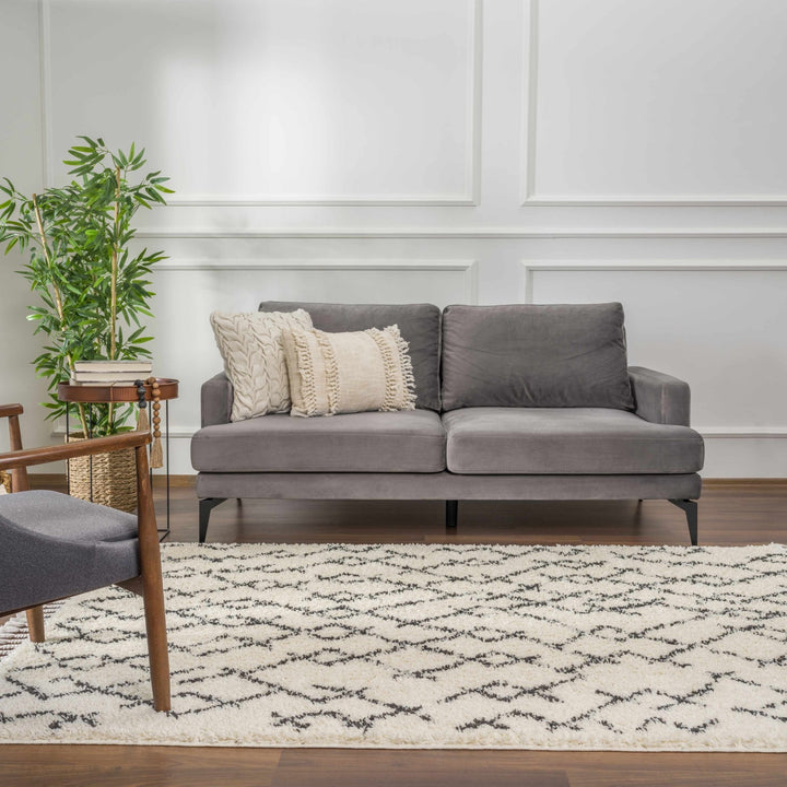 Modern Contemporary Beige and Charcoal Tribal Trellis Plush Pile Area Rug - The Rug Decor
