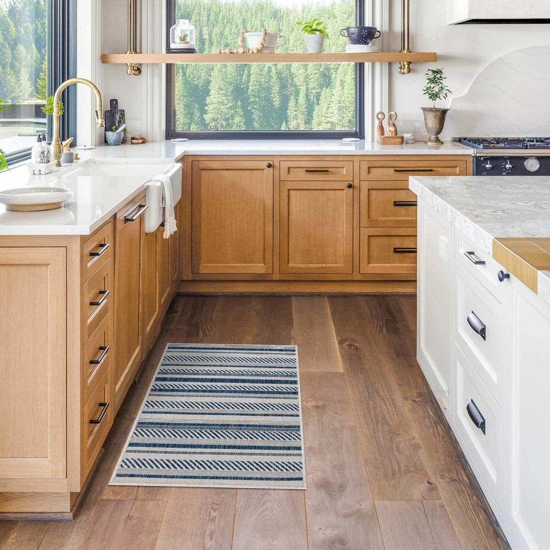 Modern Contemporary Blue and Ivory Stripes Multi Size Area Rug - The Rug Decor