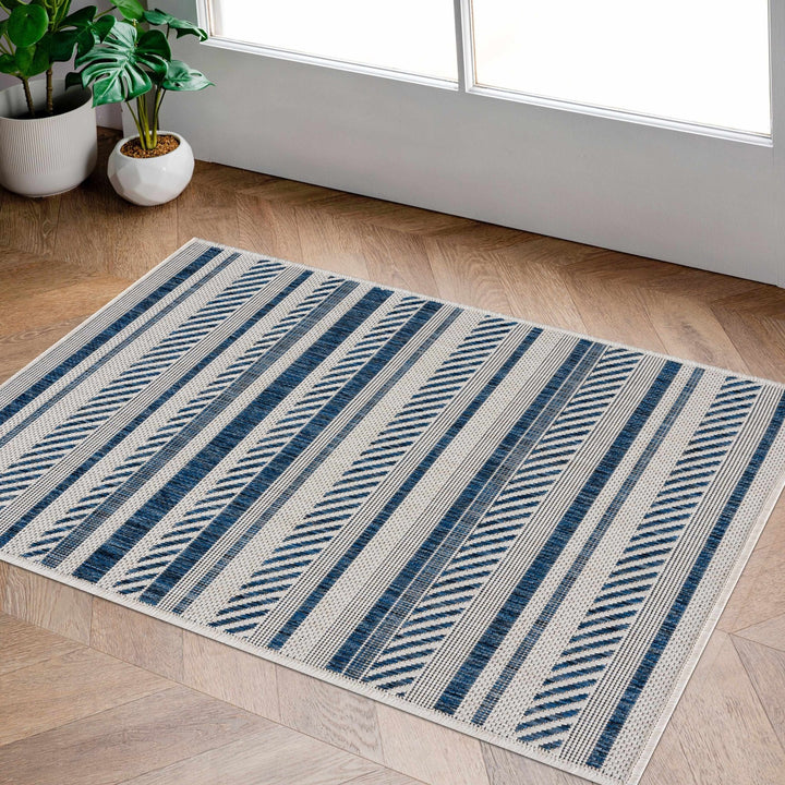 Modern Contemporary Blue and Ivory Stripes Multi Size Area Rug - The Rug Decor