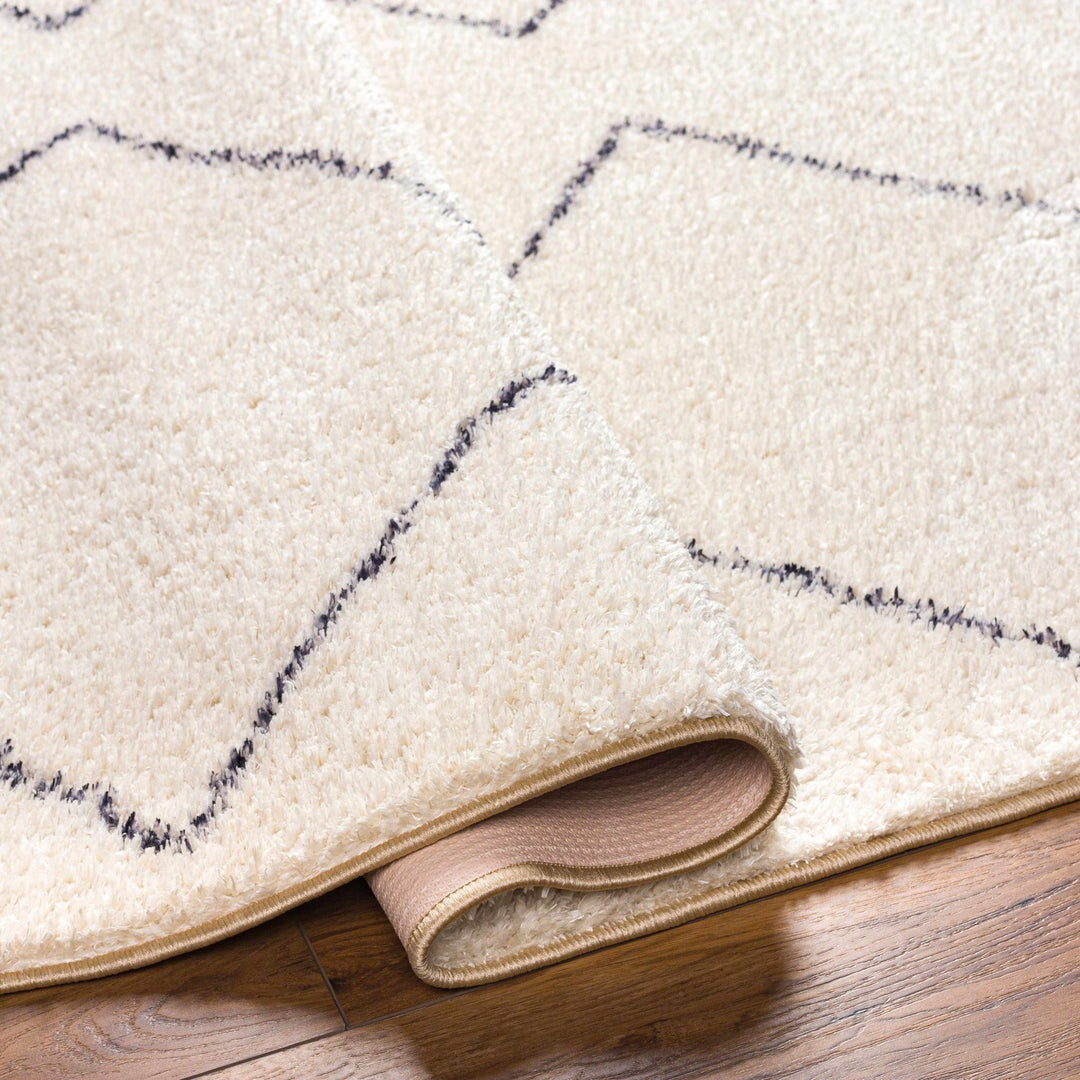 Modern Contemporary Moroccan Design Beige and Dark Purple High Pile Area Rug - The Rug Decor
