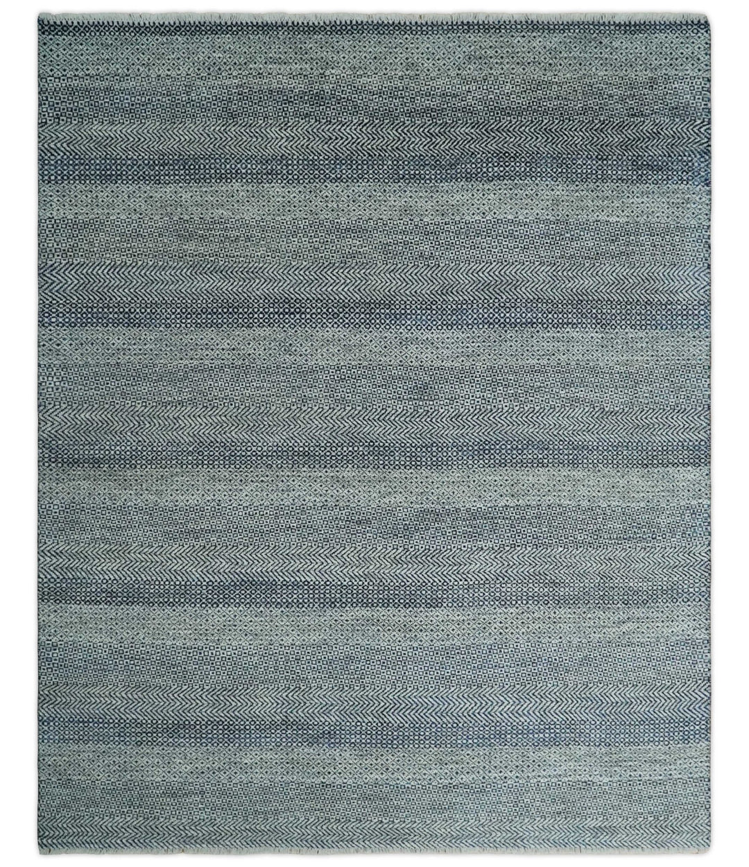 Modern Flatwoven 8x10 Tribal Blue, Ivory and Gray Wool Area Rug | TRDCP938810 - The Rug Decor