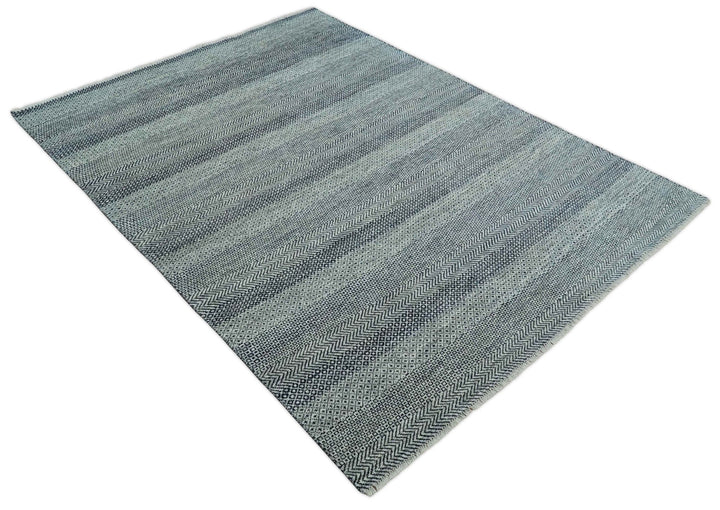Modern Flatwoven 8x10 Tribal Blue, Ivory and Gray Wool Area Rug | TRDCP938810 - The Rug Decor