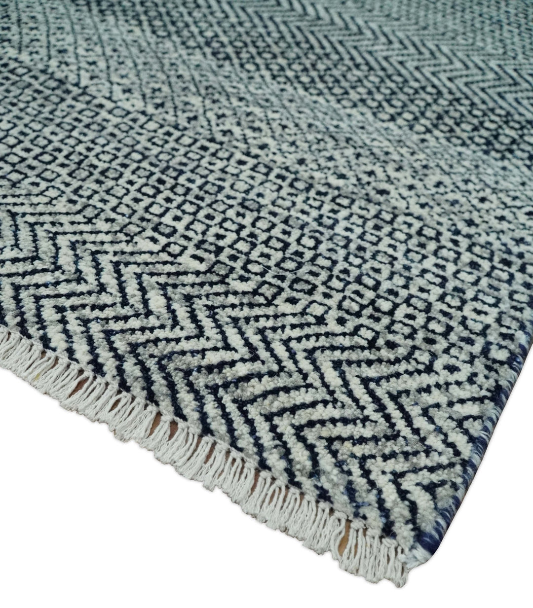 Modern Flatwoven 8x10 Tribal Blue, Ivory and Gray Wool Area Rug | TRDCP938810 - The Rug Decor