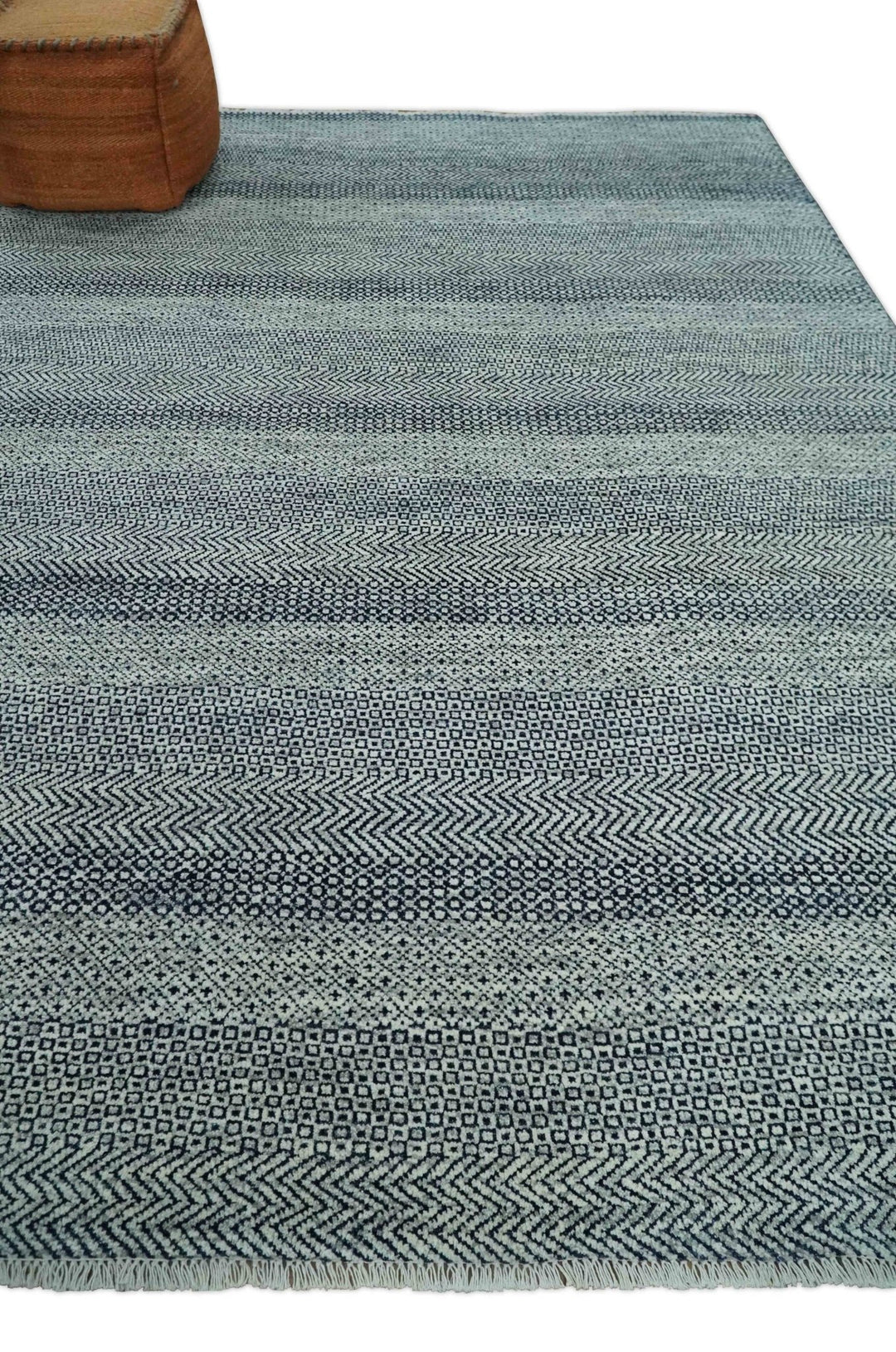 Modern Flatwoven 8x10 Tribal Blue, Ivory and Gray Wool Area Rug | TRDCP938810 - The Rug Decor