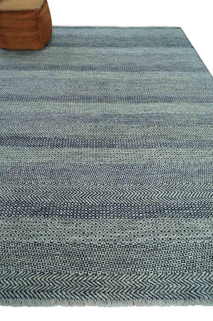 Modern Flatwoven 8x10 Tribal Blue, Ivory and Gray Wool Area Rug | TRDCP938810 - The Rug Decor