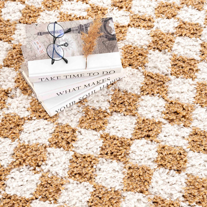 Modern Geometric checkered Plush Ivory Brown, White wool Area Rug - The Rug Decor