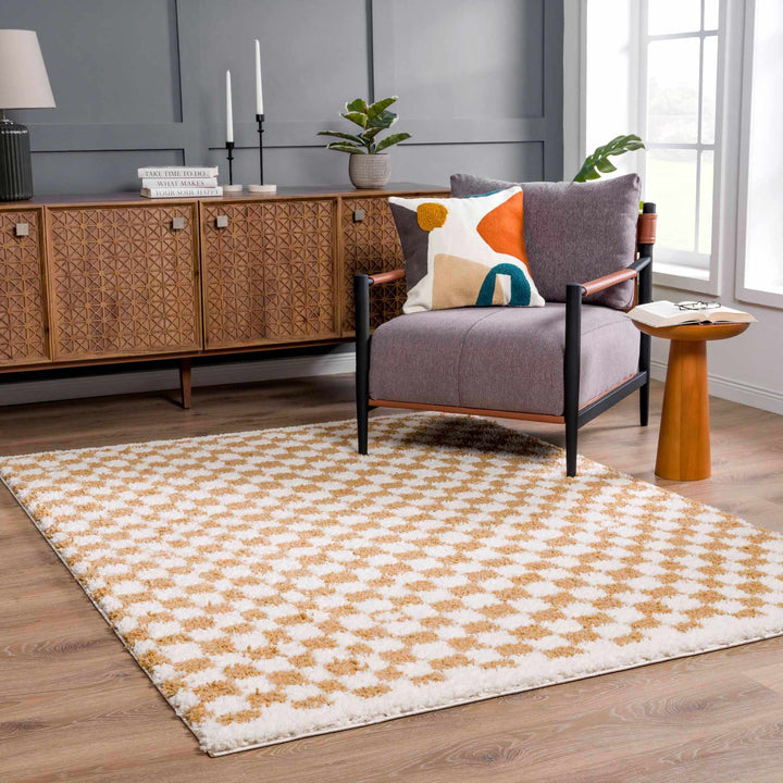 Modern Geometric checkered Plush Ivory Brown, White wool Area Rug - The Rug Decor