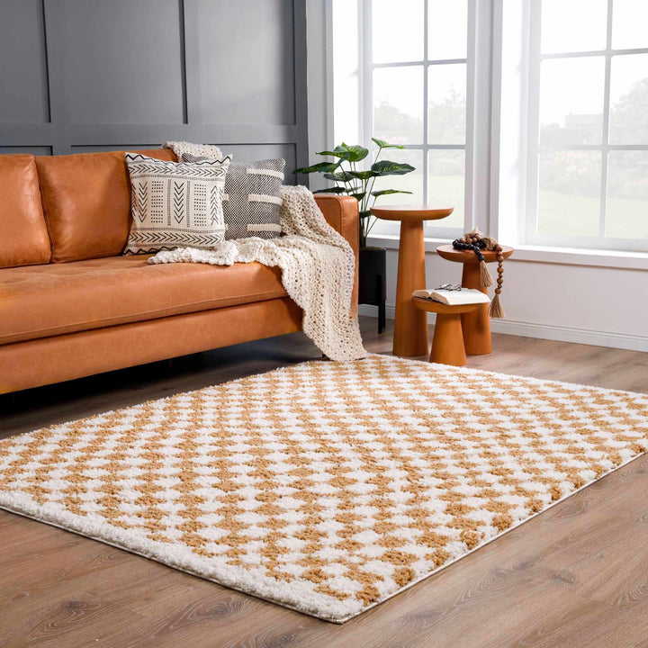 Modern Geometric checkered Plush Ivory Brown, White wool Area Rug - The Rug Decor