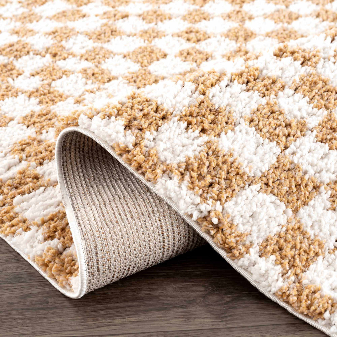 Modern Geometric checkered Plush Ivory Brown, White wool Area Rug - The Rug Decor