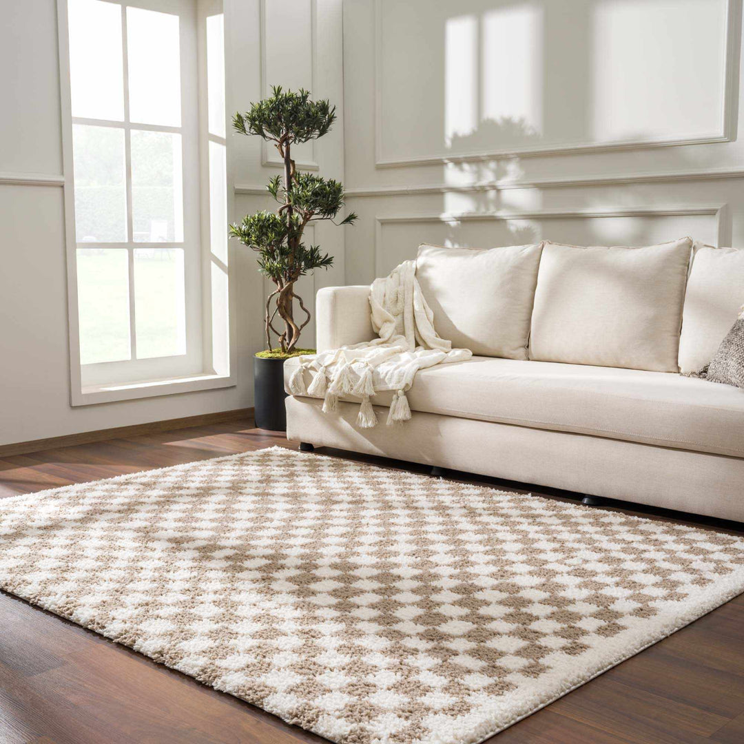 Modern Geometric Light brown and white Machine woven Plush wool area rug - The Rug Decor