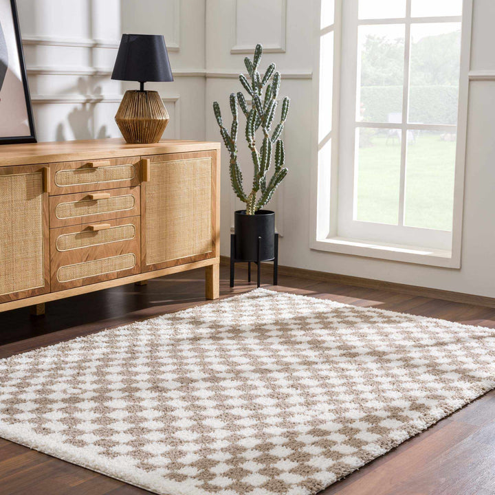 Modern Geometric Light brown and white Machine woven Plush wool area rug - The Rug Decor