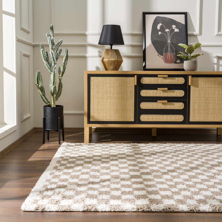 Modern Geometric Light brown and white Machine woven Plush wool area rug - The Rug Decor