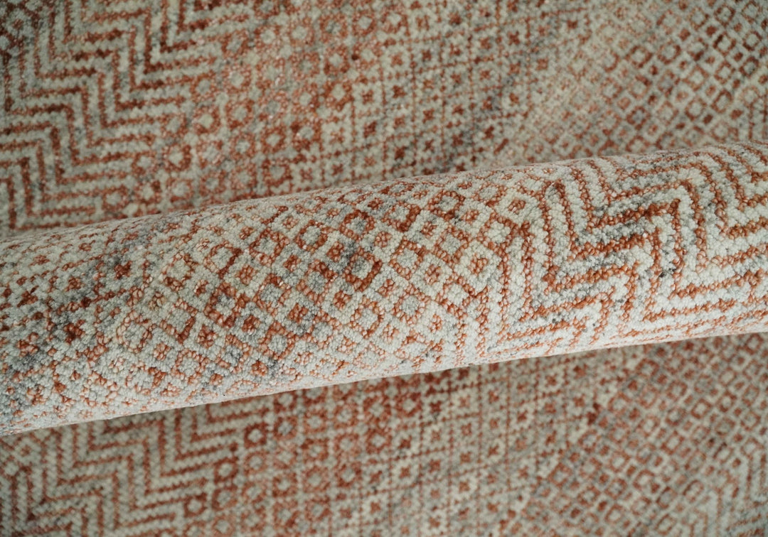 Modern Geometric Trellis Scandinavian Hand Knotted 8x10 Rust, Ivory and Gray Wool Area Rug | TRDCP940810 - The Rug Decor