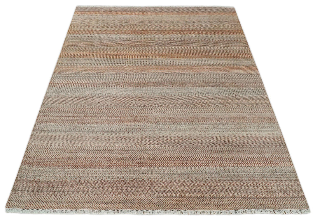 Modern Geometric Trellis Scandinavian Hand Knotted 8x10 Rust, Ivory and Gray Wool Area Rug | TRDCP940810 - The Rug Decor