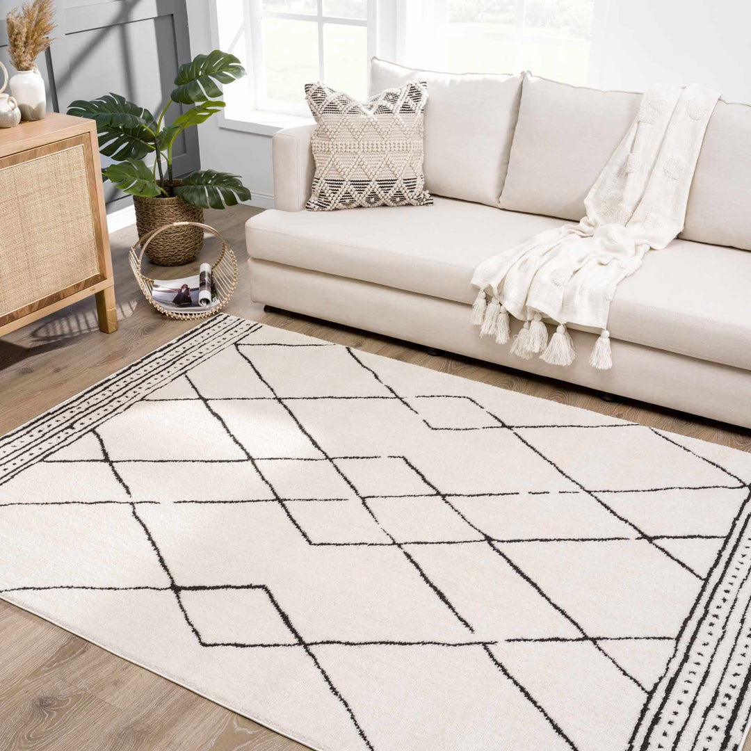 Modern Geometrical Beige and Black Plush Pile Area Rug - The Rug Decor