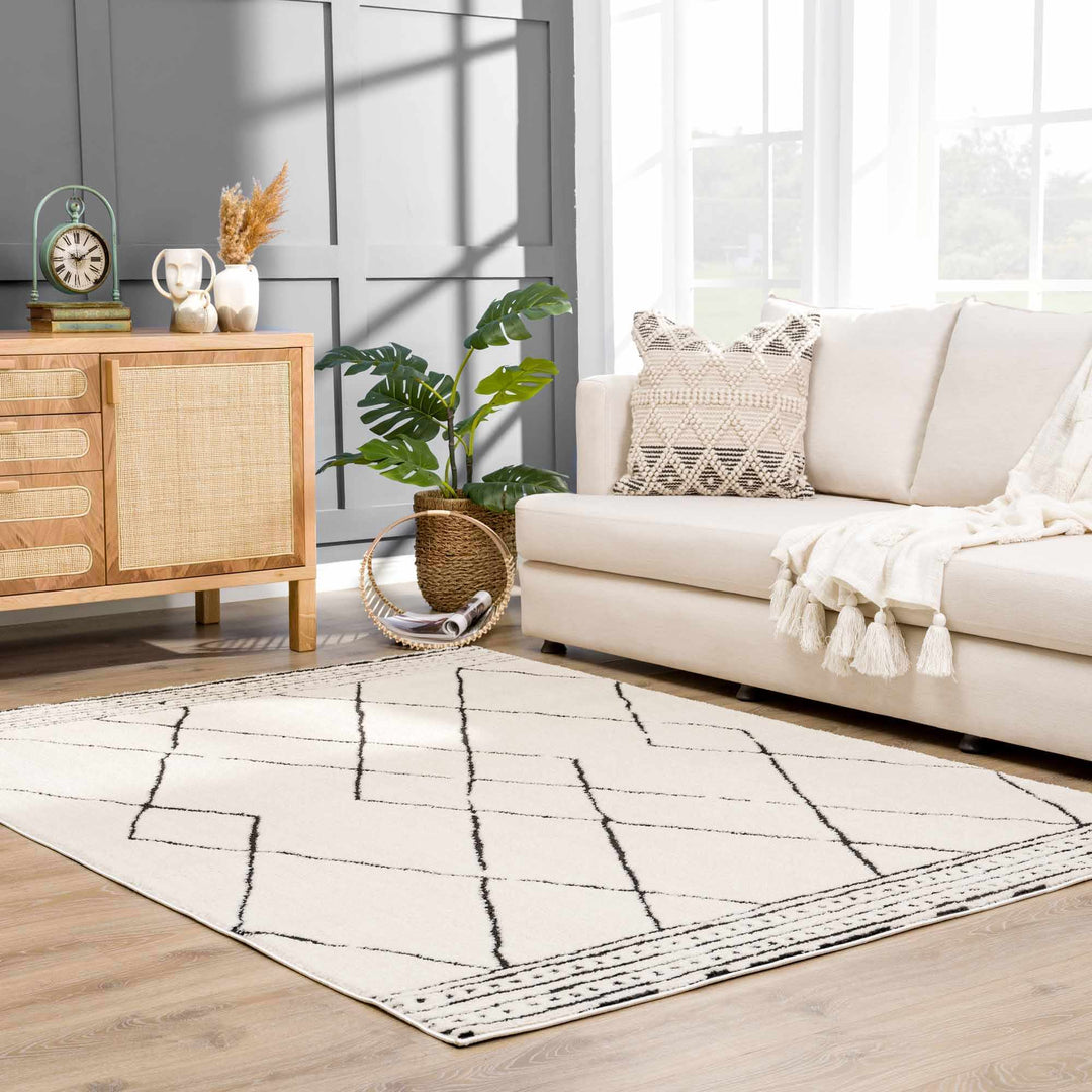 Modern Geometrical Beige and Black Plush Pile Area Rug - The Rug Decor