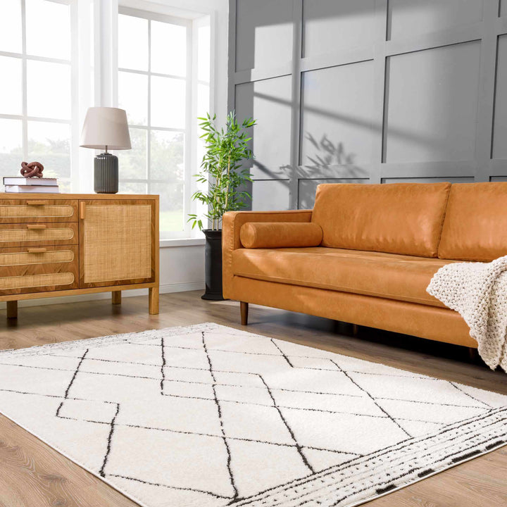 Modern Geometrical Beige and Black Plush Pile Area Rug - The Rug Decor