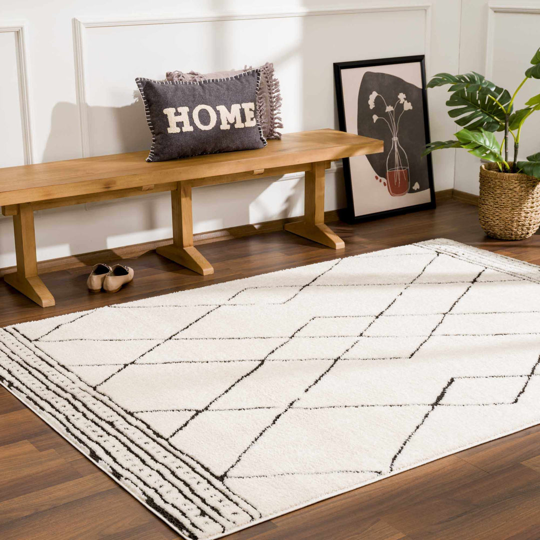 Modern Geometrical Beige and Black Plush Pile Area Rug - The Rug Decor