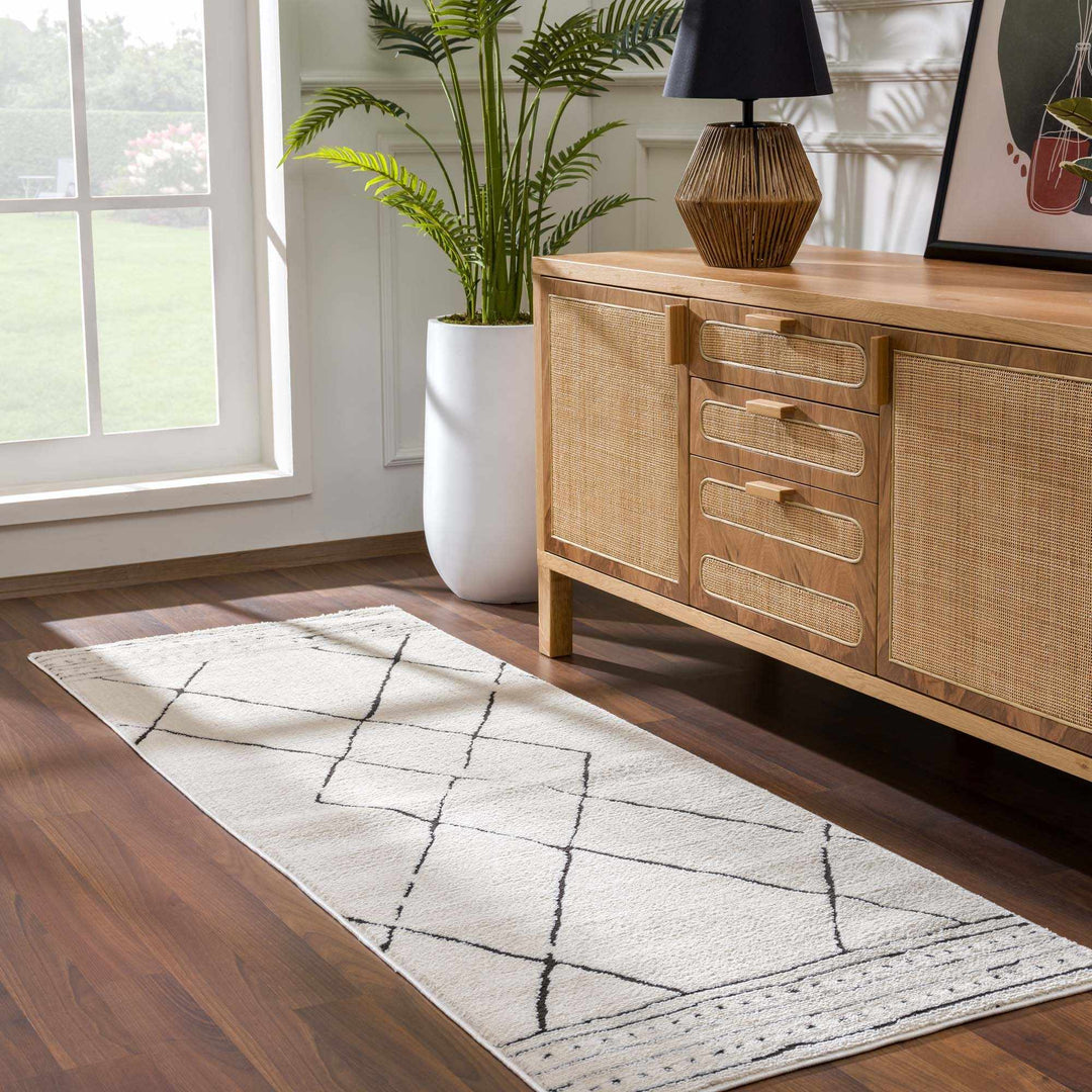 Modern Geometrical Beige and Black Plush Pile Area Rug - The Rug Decor