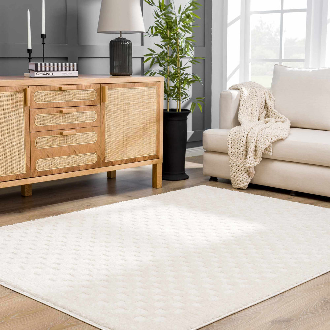 Modern Geometrical Beige Checkered Plush Pile Moroccan Style Area Rug - The Rug Decor