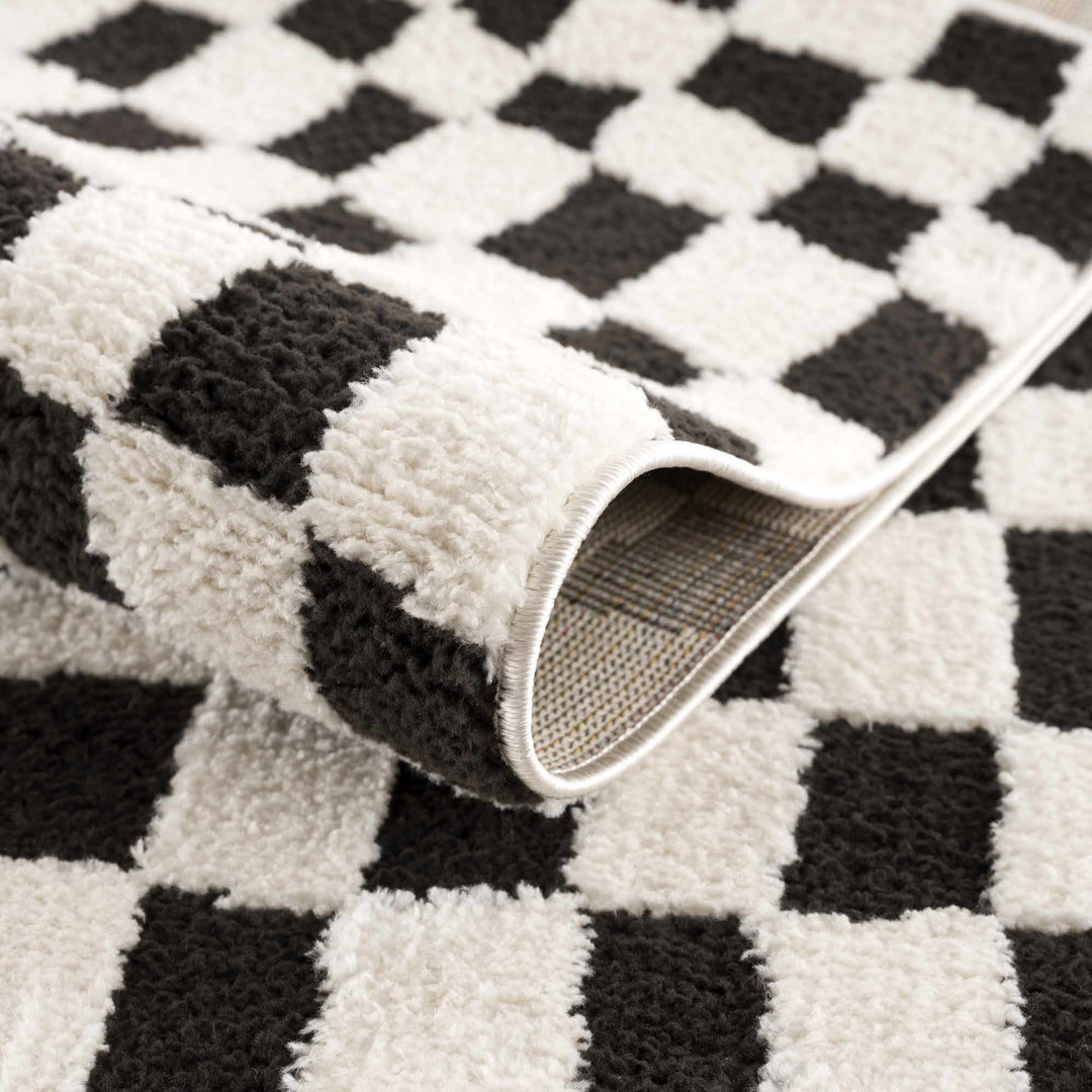 Modern Geometrical Black and Ivory Checkered Plush Pile Moroccan Style Area Rug - The Rug Decor