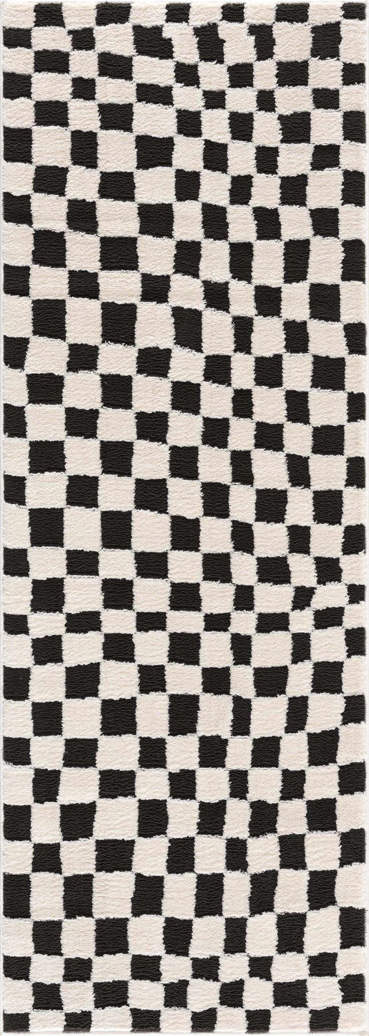 Modern Geometrical Black and Ivory Checkered Plush Pile Moroccan Style Area Rug - The Rug Decor