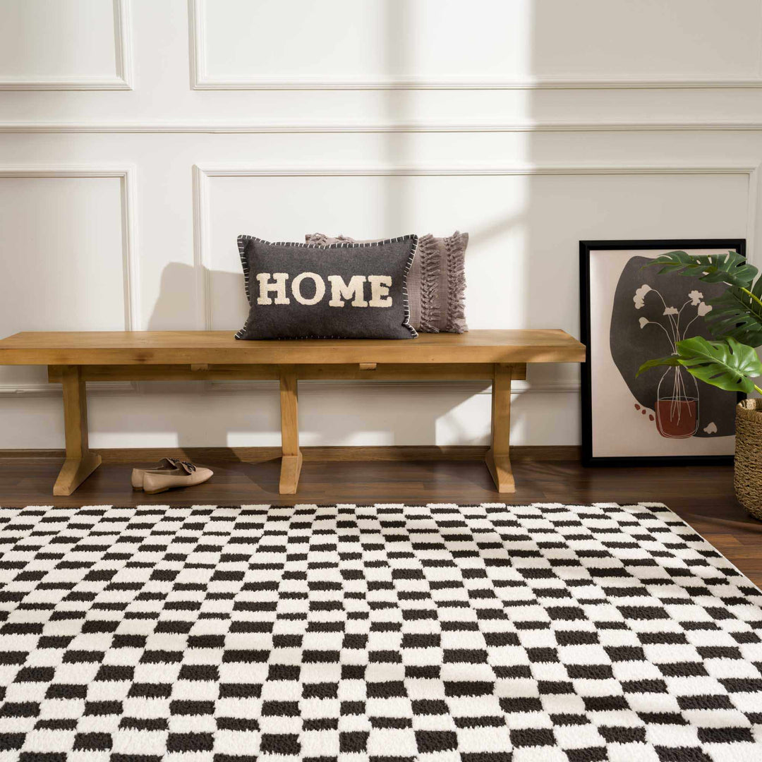 Modern Geometrical Black and Ivory Checkered Plush Pile Moroccan Style Area Rug - The Rug Decor
