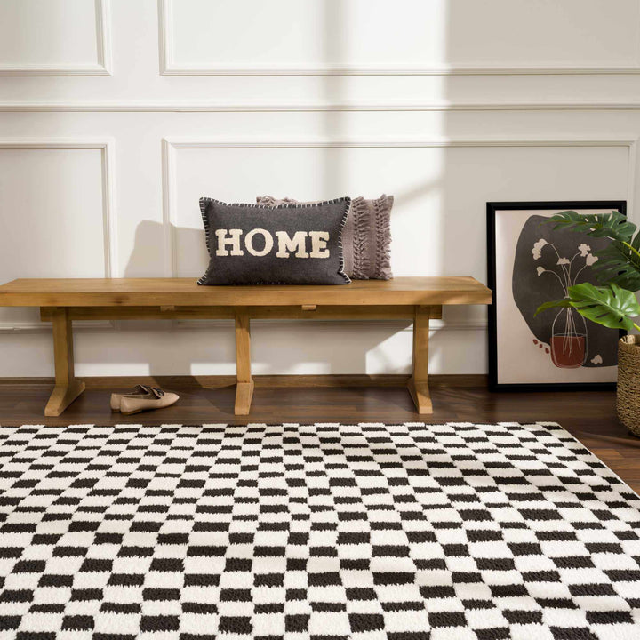 Modern Geometrical Black and Ivory Checkered Plush Pile Moroccan Style Area Rug - The Rug Decor