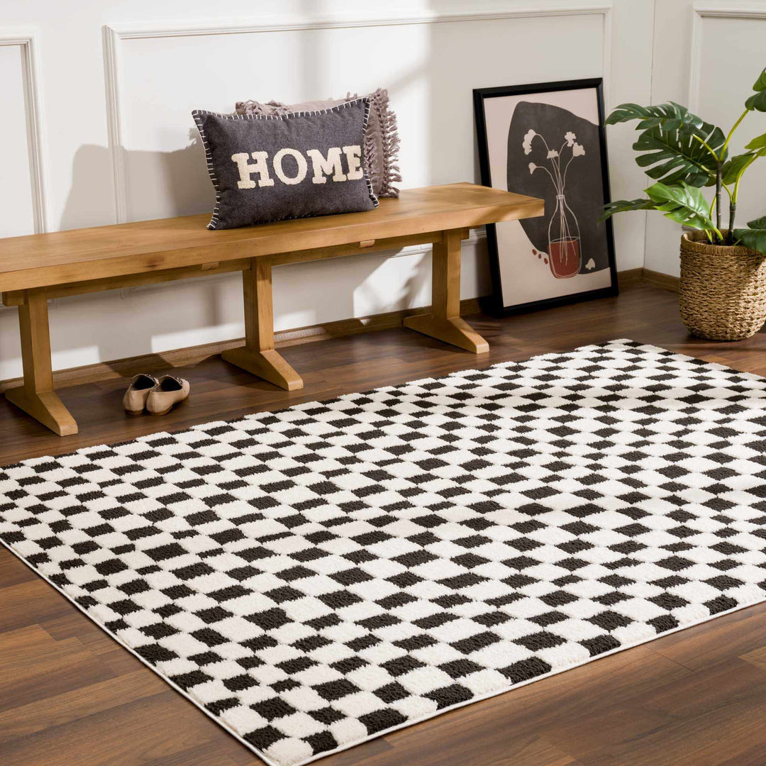 Modern Geometrical Black and Ivory Checkered Plush Pile Moroccan Style Area Rug - The Rug Decor