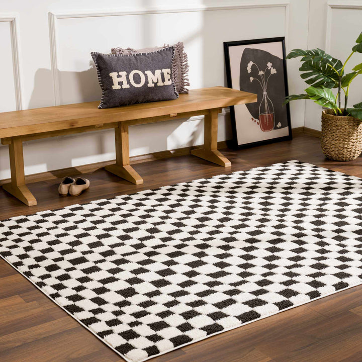Modern Geometrical Black and Ivory Checkered Plush Pile Moroccan Style Area Rug - The Rug Decor