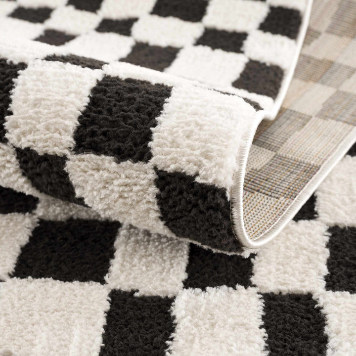 Modern Geometrical Black and Ivory Checkered Plush Pile Moroccan Style Area Rug - The Rug Decor