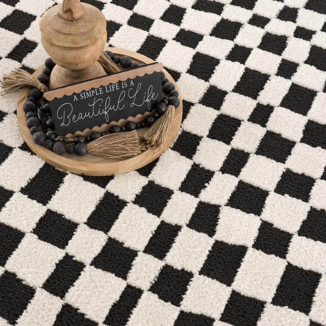Modern Geometrical Black and Ivory Checkered Plush Pile Moroccan Style Area Rug - The Rug Decor