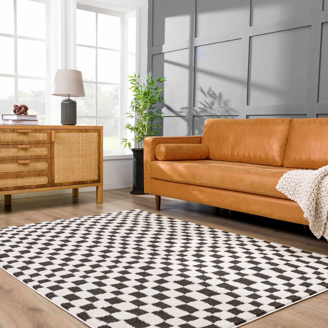 Modern Geometrical Black and Ivory Checkered Plush Pile Moroccan Style Area Rug - The Rug Decor