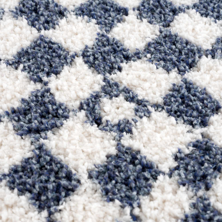 Modern Geometrical Blue and Ivory Checkered Plush Pile Moroccan Style Area Rug - The Rug Decor