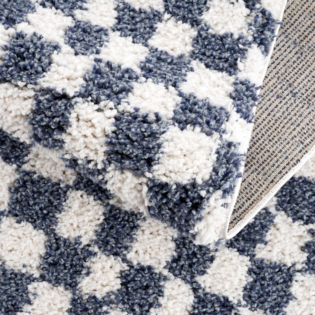 Modern Geometrical Blue and Ivory Checkered Plush Pile Moroccan Style Area Rug - The Rug Decor