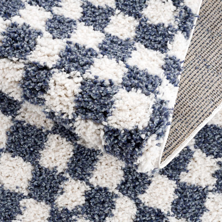 Modern Geometrical Blue and Ivory Checkered Plush Pile Moroccan Style Area Rug - The Rug Decor
