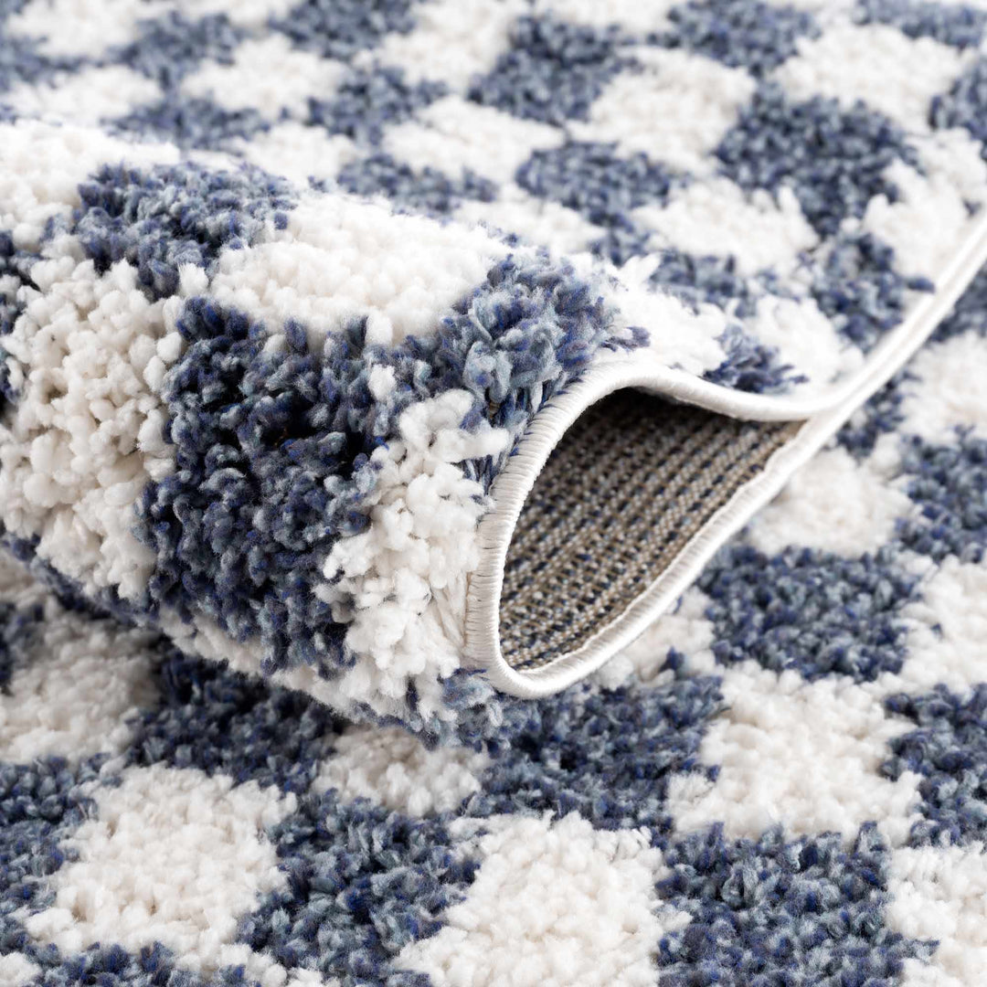 Modern Geometrical Blue and Ivory Checkered Plush Pile Moroccan Style Area Rug - The Rug Decor