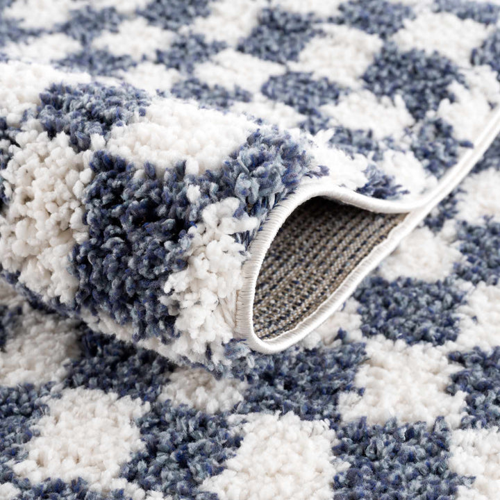 Modern Geometrical Blue and Ivory Checkered Plush Pile Moroccan Style Area Rug - The Rug Decor