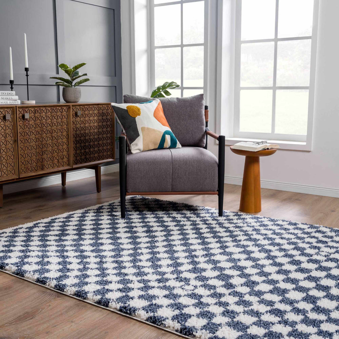 Modern Geometrical Blue and Ivory Checkered Plush Pile Moroccan Style Area Rug - The Rug Decor