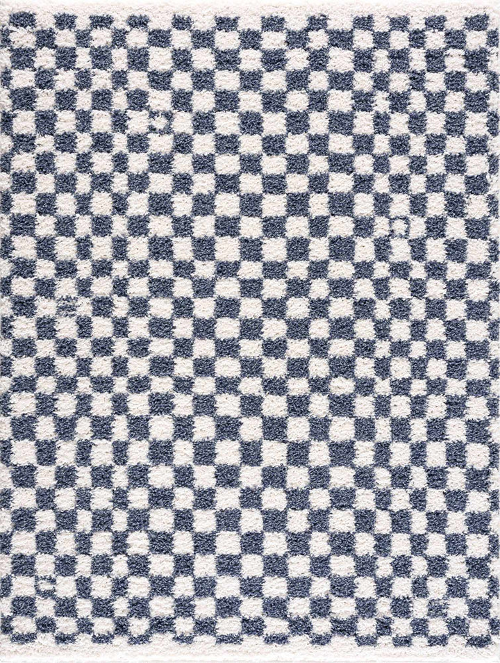 Modern Geometrical Blue and Ivory Checkered Plush Pile Moroccan Style Area Rug - The Rug Decor