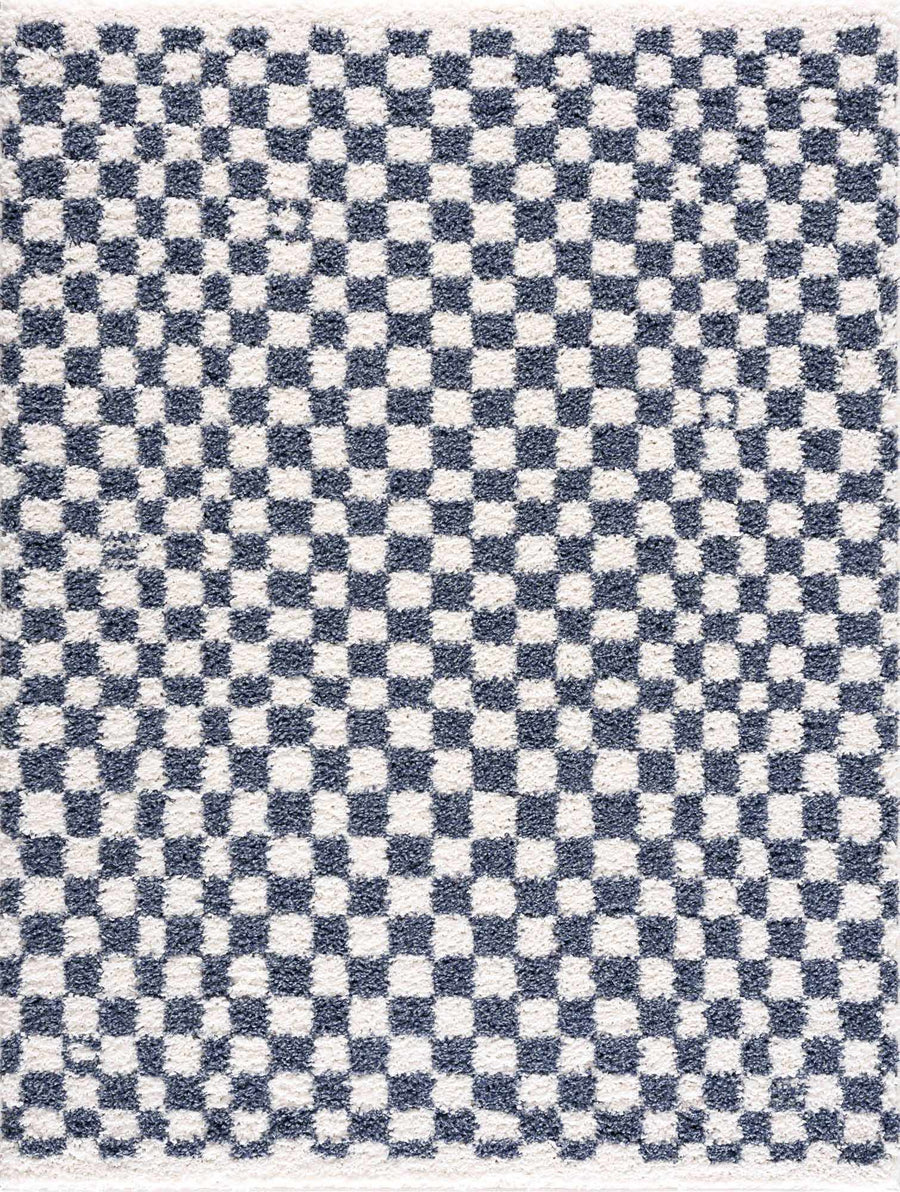 Modern Geometrical Blue and Ivory Checkered Plush Pile Moroccan Style Area Rug - The Rug Decor