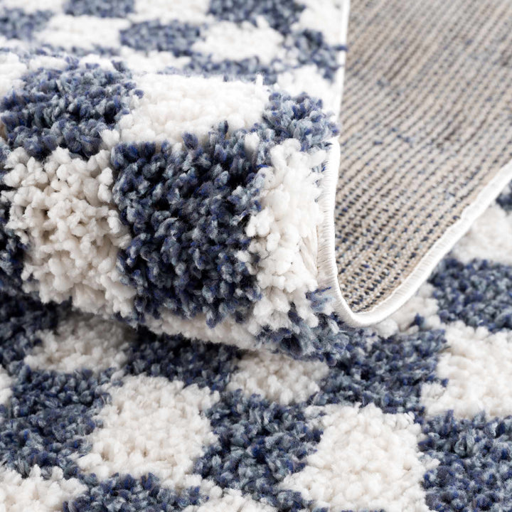 Modern Geometrical Blue and Ivory Checkered Plush Pile Moroccan Style Area Rug - The Rug Decor