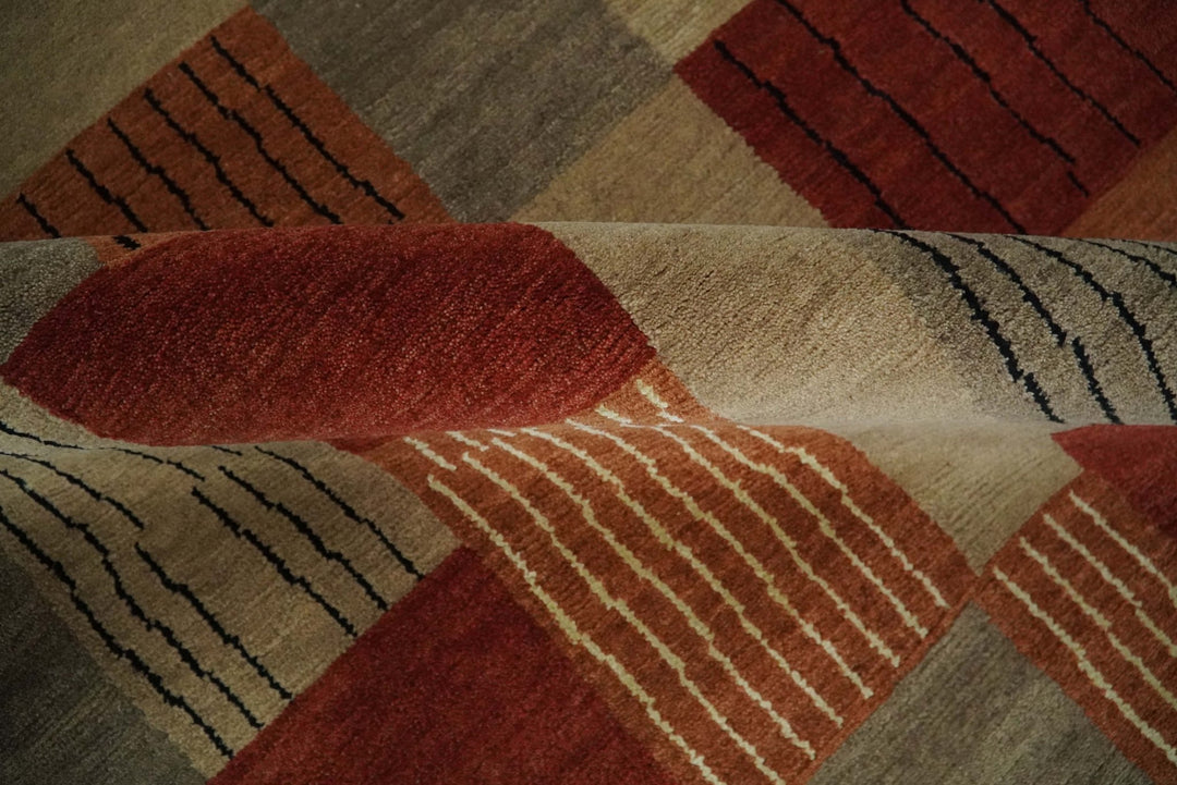 Modern Geometrical Brown, Rust, Gray and Beige Handloom 6x8 wool and Art Silk Area Rug - The Rug Decor