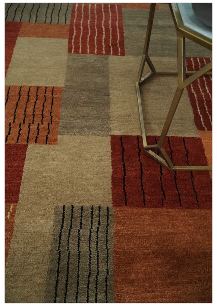 Modern Geometrical Brown, Rust, Gray and Beige Handloom 6x8 wool and Art Silk Area Rug - The Rug Decor