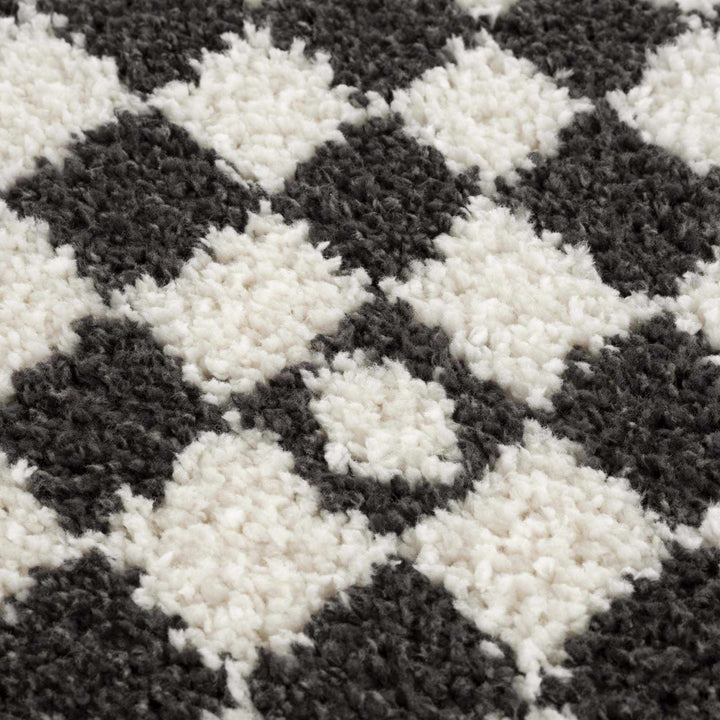 Modern Geometrical Charcoal and Ivory Checkered Plush Pile Moroccan Style Area Rug - The Rug Decor