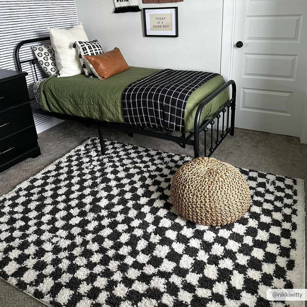 Modern Geometrical Charcoal and Ivory Checkered Plush Pile Moroccan Style Area Rug - The Rug Decor