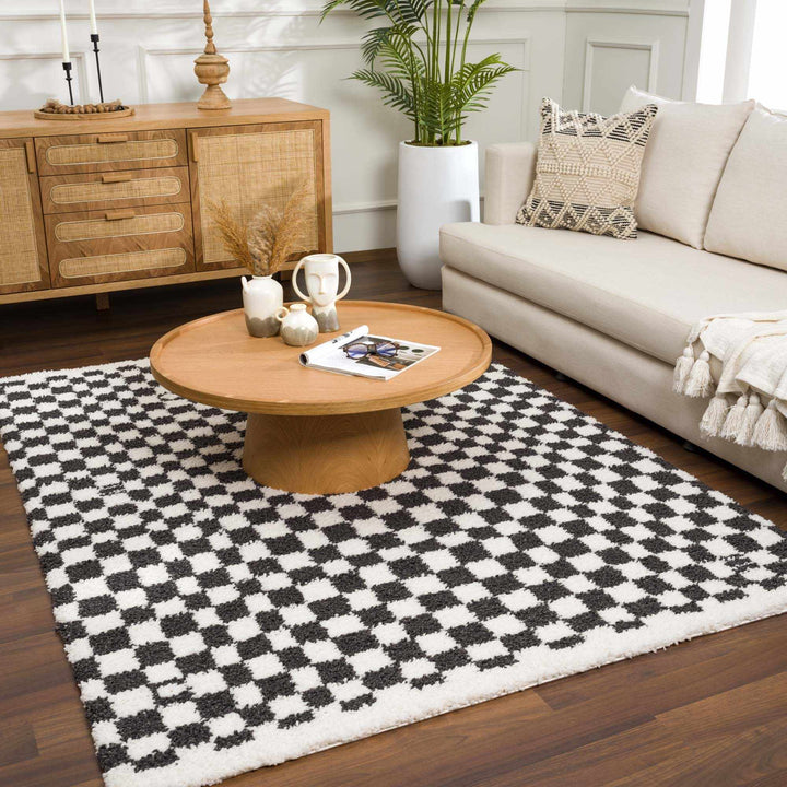 Modern Geometrical Charcoal and Ivory Checkered Plush Pile Moroccan Style Area Rug - The Rug Decor